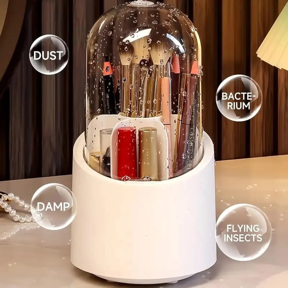 360° Rotating Cosmetic Brush Holder with Transparent Dustproof Cover | Makeup Brush Organizer for Vanity & Bathroom