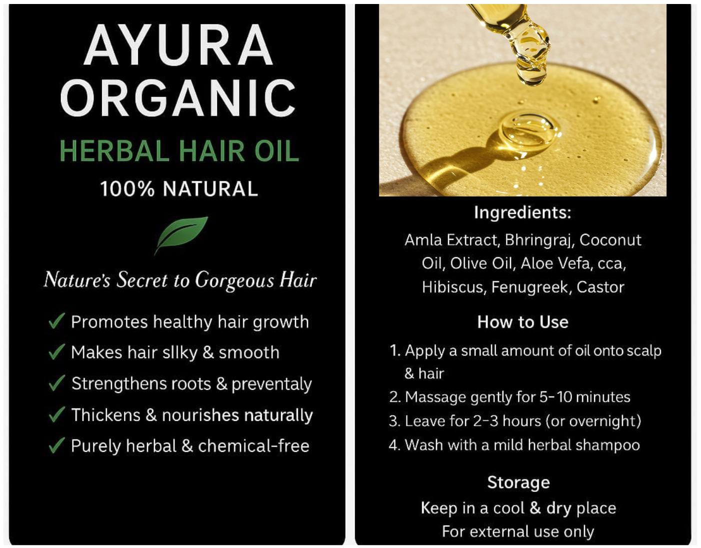 Ayura Organic Herbal Hair Oil – 100% Natural Hair Growth & Care Oil (120ML)