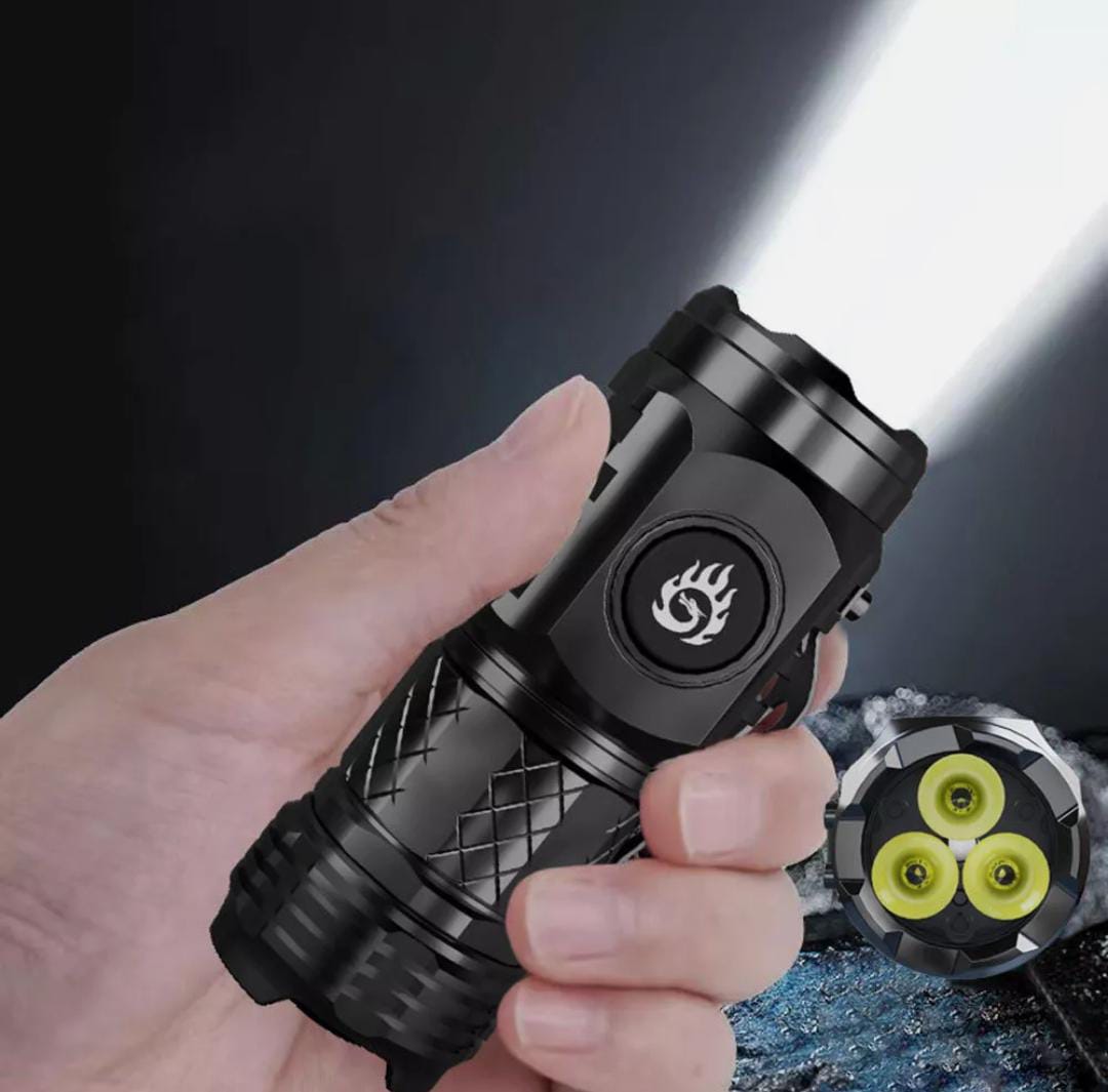 Mini Portable LED Flashlight – 3-Eyed High Lumen Rechargeable Torch for Outdoor Use (Plastic Body)