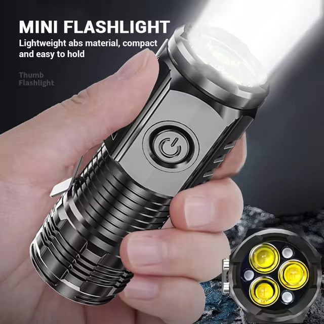 Mini Portable LED Flashlight – 3-Eyed High Lumen Rechargeable Torch for Outdoor Use (Plastic Body)